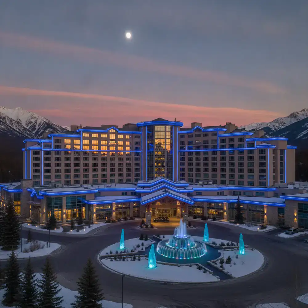 Resort casino iluminado al atardecer en Canadá